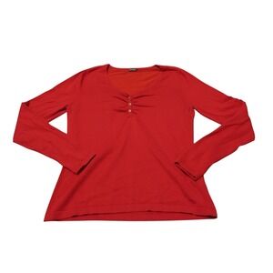 J. McLaughlin Red Long Sleeve Henley Top Gathered Neck Button Accent Size Medium